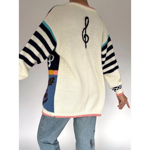 90s vintage music theme musical notes teacher novelty embroidered knit cardigan - Picture 7 of 11